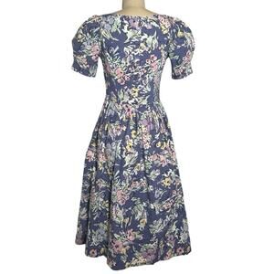 Vintage 90s Laura Ashley Dusty Purple Floral Midi Dress Puff Sleeve UK